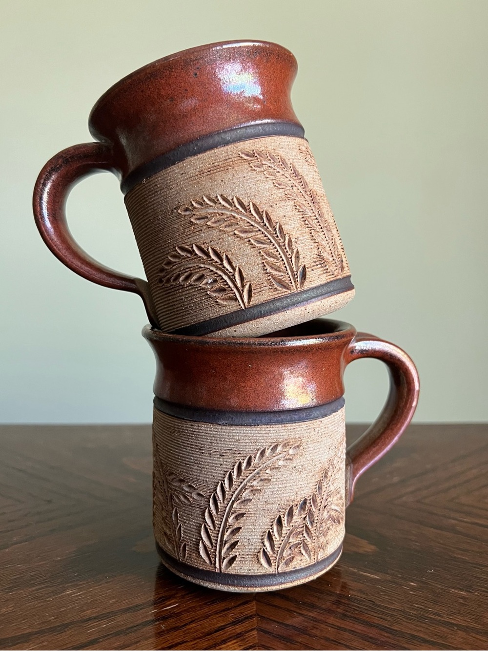 Vintage Stoneware Mugs, Set of 2 Wheel-thrown Studio Pottery Mugs, Cottagecore